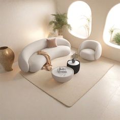 a living room filled with white furniture next to two large round windows and a potted plant