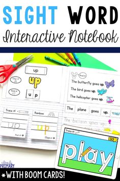 the sight word interactive notebook with scissors and crayon pens on top of it