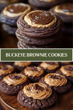 chocolate cookies with peanut butter frosting are stacked on top of each other and the words buckeye brownie cookies above them