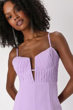 If romance is practically your middle name, you'll be head over heels for the Lulus Sweetest Splendor Lilac Sleeveless Pleated Bustier Maxi Dress! Airy woven chiffon shapes this simply gorgeous dress that has a bustier-style bodice with a pleated texture and a plunging notched neckline (with a strappy detail and a V-bar support), all supported by adjustable spaghetti straps. Fitted waist tops a figure-skimming paneled skirt that falls to a maxi hem and features a sultry side slit. A row of elega Dresses Light Purple, Plum Dresses, Dress With Bustier, Pleated Bustier, Bodycon Prom Dresses, Inexpensive Prom Dresses, Trendy Prom Dresses, Purple Prom, Plum Dress