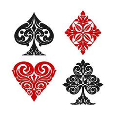 four different types of playing cards, each with an ornate design on the front and back