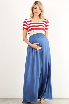 Maternity Maxi dress in a loose flowing fit with a striped bodice, round neck, short sleeves, and crochet waistband. Fabric: Jersey Content: 65% Polyester 30% Rayon 5% Spandex Nursing Friendly Maxi Maternity Dress, Blue Maternity Maxi Dress, Bump Friendly Maternity Maxi Dress, Bump Friendly Maxi Maternity Dress, Blue Maxi Length Maternity Dress, Red Summer Maternity Dress, Red Maxi Maternity Dress, Casual Maxi Maternity Dress, Crochet Waistband