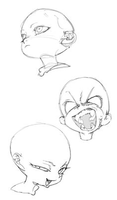 three different angles of a cartoon character's head