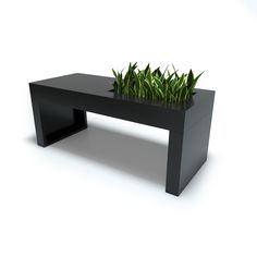 a black table with grass in it