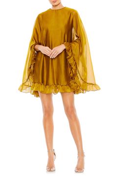 Feel your bubbly, beautiful self in this leg-baring shift made from frothy chiffon with dramatic cape sleeves and ruffled trim. 35" length Jewel neck Long sleeves Lined, except sleeves 100% polyester Spot clean Imported Asian Owned/Founded Cape Designs, Long Cape, Mac Duggal Dresses, Ruffle Trim Dress, Beautiful Dresses Short, Cape Sleeves, Ruffle Long Sleeve, Mini Robes, Organza Fabric