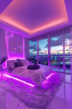 a bedroom with purple lighting and a large bed in the middle of the room is lit up by neon lights