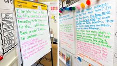 two whiteboards with writing on them in an office cubicle, one showing information and the other explaining different types of writing