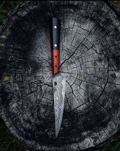 a knife sitting on top of a tree stump