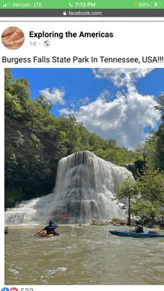 an image of people kayaking in the water near a waterfall and another person on a boat