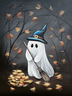 a painting of a white ghost with a broom and hat on it's head