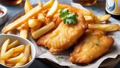 fish and fries on a plate with dipping sauce