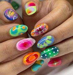 Colorful Summer Nail Designs, Colorful Almond Nails Designs, Funky Fun Nails, Crazy Colorful Nails, Funky Spring Nails, Funky Acrylic Nails, Extreme Nail Art, Colorful Nails Design, Pop Nail Art