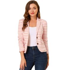 Elegant and casual, this blazer is suitable for everyday wear. Striped prints instantly elevate this casual blazer and make it a sophisticated choice for day or night. The special striped design makes you stand out from the crowd. Team yours with a tank top and stretchy jeans for work or a meeting. CLASSIC design, fit for office and casual wear, a stylish blazer that makes you look more elegant. Blazer White, Cropped Blazer Jacket, Stylish Blazer, Work Wear Women, Striped Blazer, Casual Blazer, Tweed Blazer, White Blazer, Notched Collar