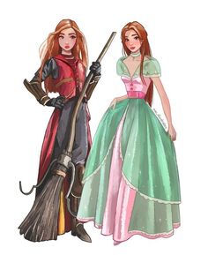 two women dressed as princesses standing next to each other with brooms in their hands