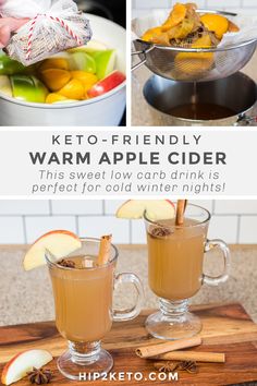 two mugs filled with warm cider and apples