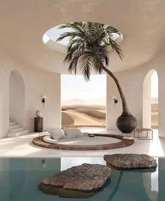 an indoor swimming pool with a palm tree in the middle