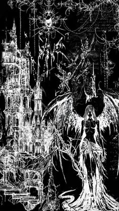 an artistic black and white drawing of a demon standing in front of a castle