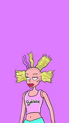 a cartoon girl with blonde hair wearing a pink tank top and blue shorts, standing in front of a pink background