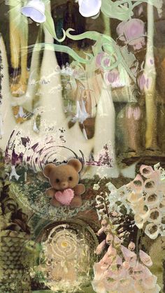 a collage of flowers, plants and a teddy bear in the middle of it