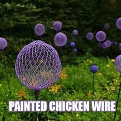 some purple flowers with the words painted chicken wire on them in front of green grass