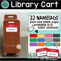 the library cart is made from wood and has three different labels on it, including one for