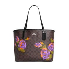 Signature Coated Canvas And Smooth Leather Inside Zip Pocket Snap Closure Handles With 10" Drop 13" (L) X 11 1/2" (H) X 6 1/4" (W) Style No. Cl420 Elegant Coach Bags With Floral Print, Coach City Tote, City Tote Bag, Baby Tote Bag, Brown Leather Tote Bag, Canvas Leather Tote, Green Tote Bag, Reversible Tote Bag, Coach Tote Bags