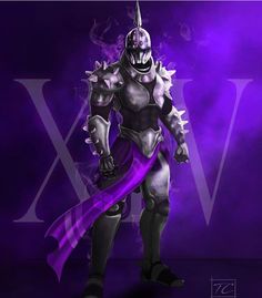 an image of a man in armor holding a purple ribbon and wearing a helmet with the letter v on it