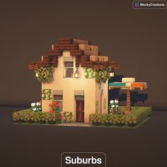 a low poly model of a house with plants and flowers on the roof, in front of a dark background