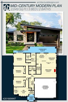 the mid century modern plan is shown in this brochure, it shows an open floor