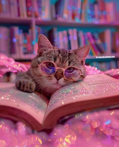 a cat wearing glasses laying on top of an open book