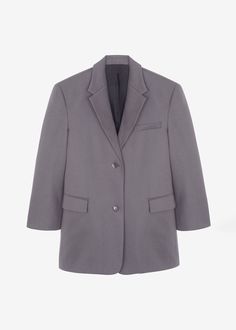 Color: Grey Midweight wool fabric Regular fit Notch lapels  Padded shoulders Front flap pockets  Front illusion welt breast pocket Front button closure Lined 100% Wool  Dry Clean  By The Frankie Shop. Imported Paris Store, Denim Suit, The Frankie Shop, Frankie Shop, Paris Woman, Leather Texture, Wool Blazer, Wool Fabric, Swimwear Accessories