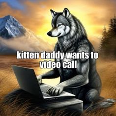 a wolf sitting on top of a laptop computer next to a mountain with the caption kitten daddy wants to video call