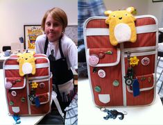 a woman sitting in front of a red suitcase with stuffed animals on the top and bottom