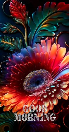 a colorful flower with the words good morning on it's back ground and an image of