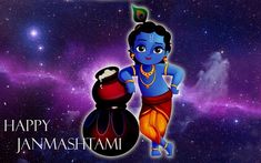 a cartoon character holding a pot with the words happy janmasam on it