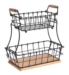 two tiered wire basket with wooden board on the bottom and one shelf attached to it