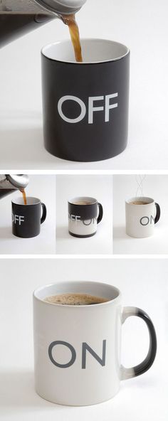 coffee being poured into a black and white mug with the words off on it in different languages