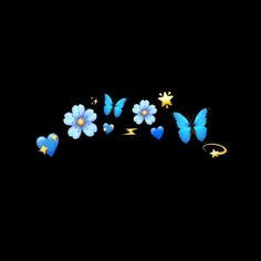 blue butterflies and flowers are flying in the dark, with one butterfly on top of the other