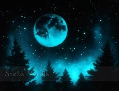 the night sky with stars and trees glows green in front of a full moon