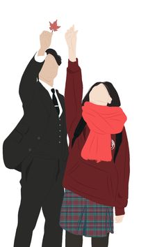 a man and woman dressed in black standing next to each other with their hands up