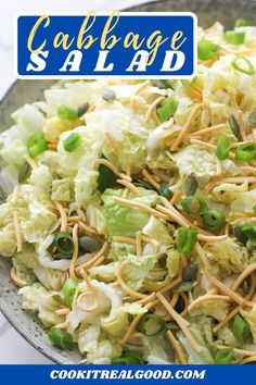 cabbage and crunchy noodle salad in a bowl with text overlay that reads cabbage and crunchy noodle salad