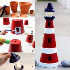 the steps to make a lighthouse made out of clay pots and plastic cups are shown