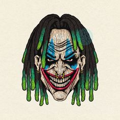 a drawing of a clown with green dreadlocks on his head and blue eyes