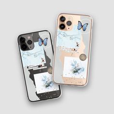 two iphone cases with butterflies on them, one is clear and the other is blue