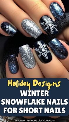 Add holiday cheer to your short nails with these cute snowflake designs! Choose dark blue with silver, light blue with white, or festive red and gold. These easy yet eye-catching designs work on square or almond shapes, with options for gel, acrylic, or natural nails to make your winter look sparkle. Pink And Blue Snowflake Nails, Short Nail Designs Winter Holidays, Square Christmas Nail Designs, Navy Blue Nails With Snowflakes, Dark Snowflake Nails, Blue And Silver Snowflake Nails, Light Blue Gold Nails, Christmas Nails Short Snowflake, Square Snowflake Nails