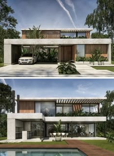 two pictures of a modern house with trees and plants in the front, side by side