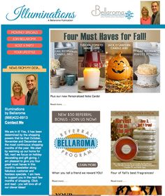 the front page of an email marketing campaign for belaroma, which features images of pumpkins and candles