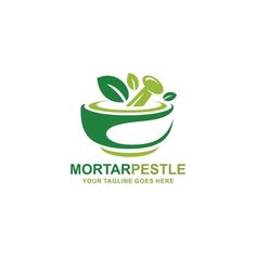 mortar pestle logo design with green leaves and mortars inside the mortar, on white background