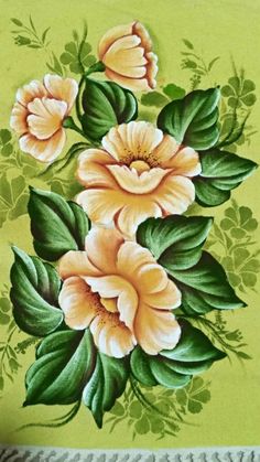 an image of flowers painted on the side of a green wallpaper with leaves and flowers