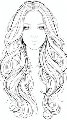 a drawing of a woman's face with long, wavy hair and blue eyes